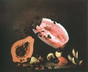 Mota, Jose de la, still life of papaya,watermelon and cashew